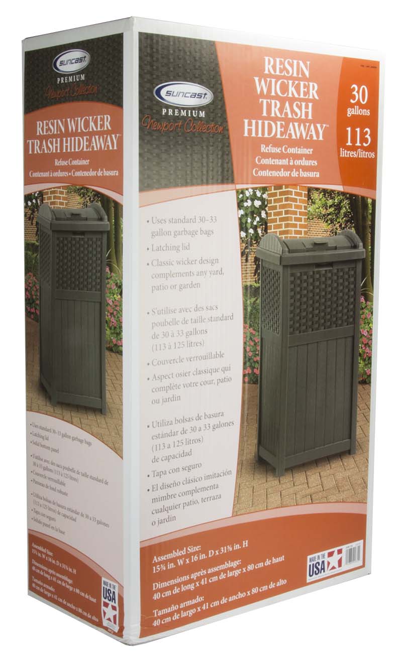 Suncast 73 Gallon Deck Box & Wicker Trash Hideaway Outdoor Garbage Bin, Java