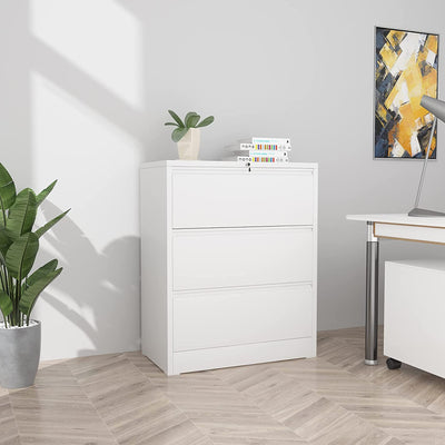 AOBABO 3 Drawer Lateral File Cabinet w/ Lock for Letter/Legal Size Paper, White