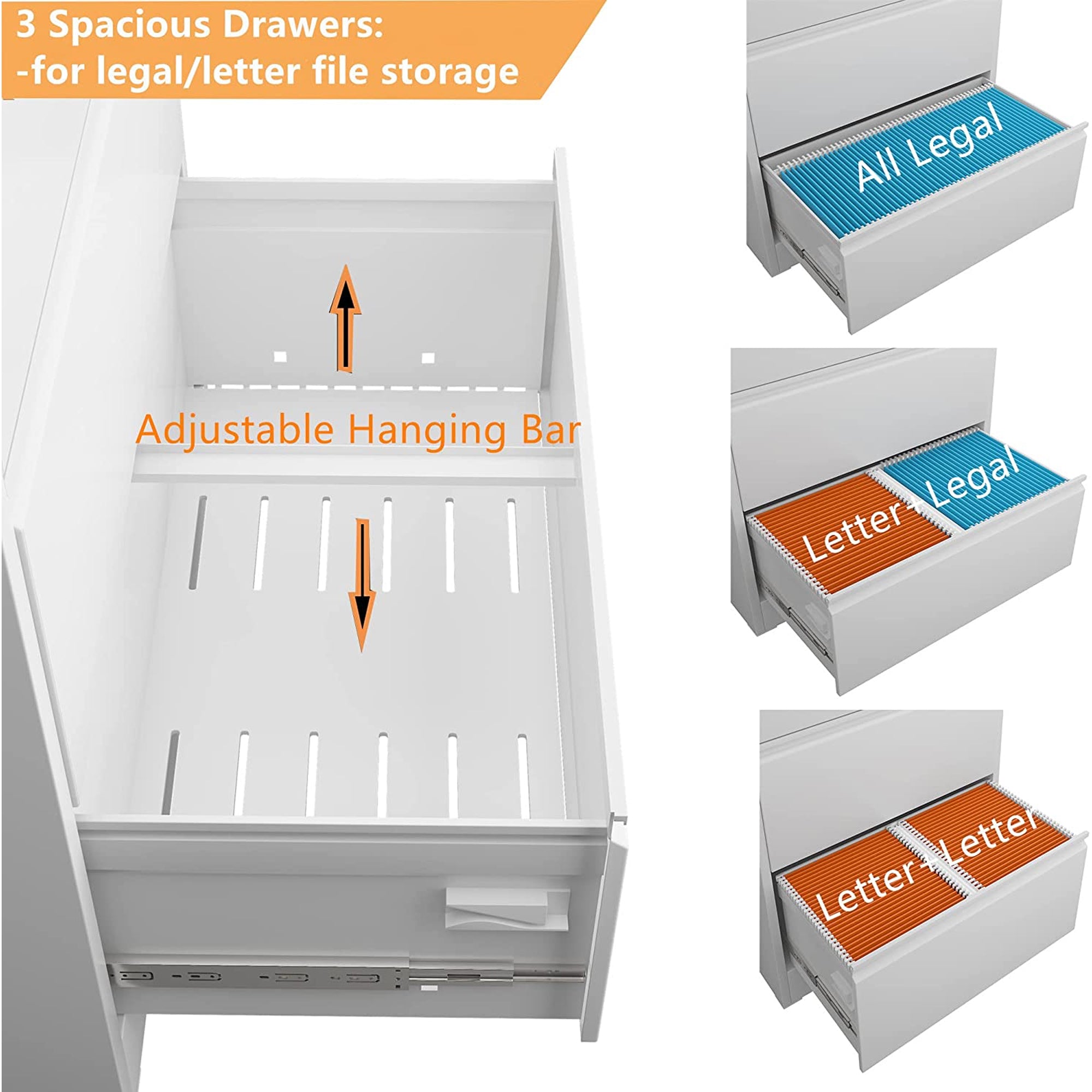 AOBABO 3 Drawer Lateral File Cabinet w/ Lock for Letter/Legal Size Paper, White
