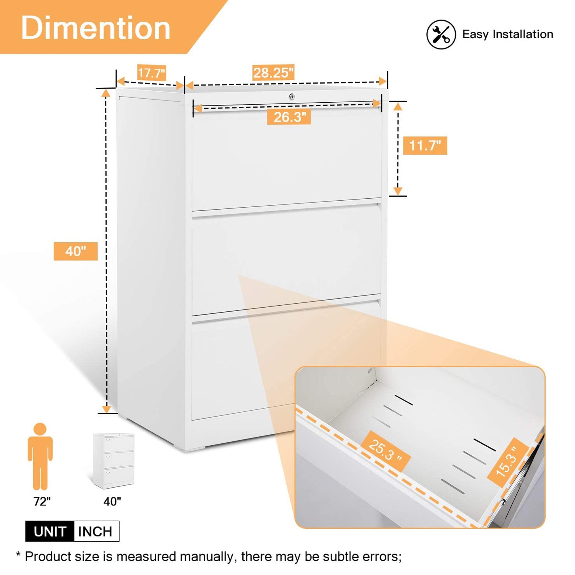 AOBABO 3 Drawer Lateral File Cabinet w/ Lock for Letter/Legal Size Paper, White