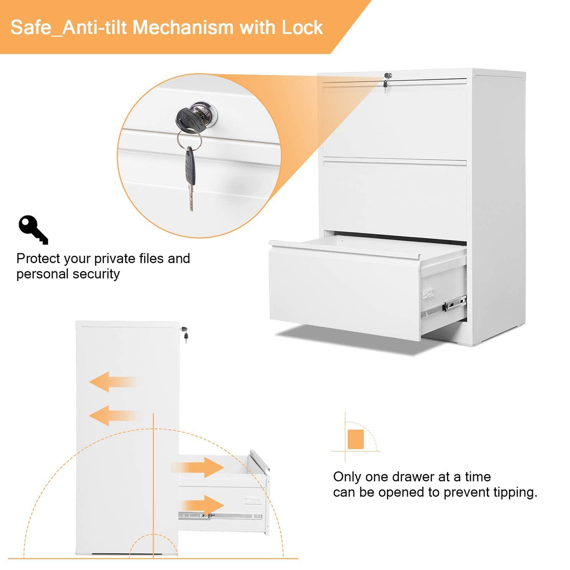 AOBABO 3 Drawer Lateral File Cabinet w/ Lock for Letter/Legal Size Paper, White