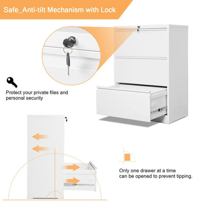 AOBABO 3 Drawer Lateral File Cabinet w/ Lock for Letter/Legal Size Paper, White