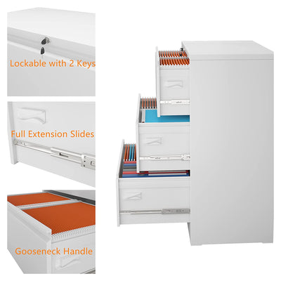 AOBABO 3 Drawer Lateral File Cabinet w/ Lock for Letter/Legal Size Paper, White
