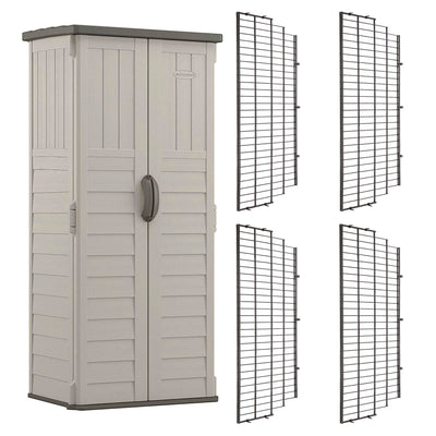 Suncast Vertical Storage Shed Bundled w/ Metal Wire Shelf Rack Shelving (4 Pack)