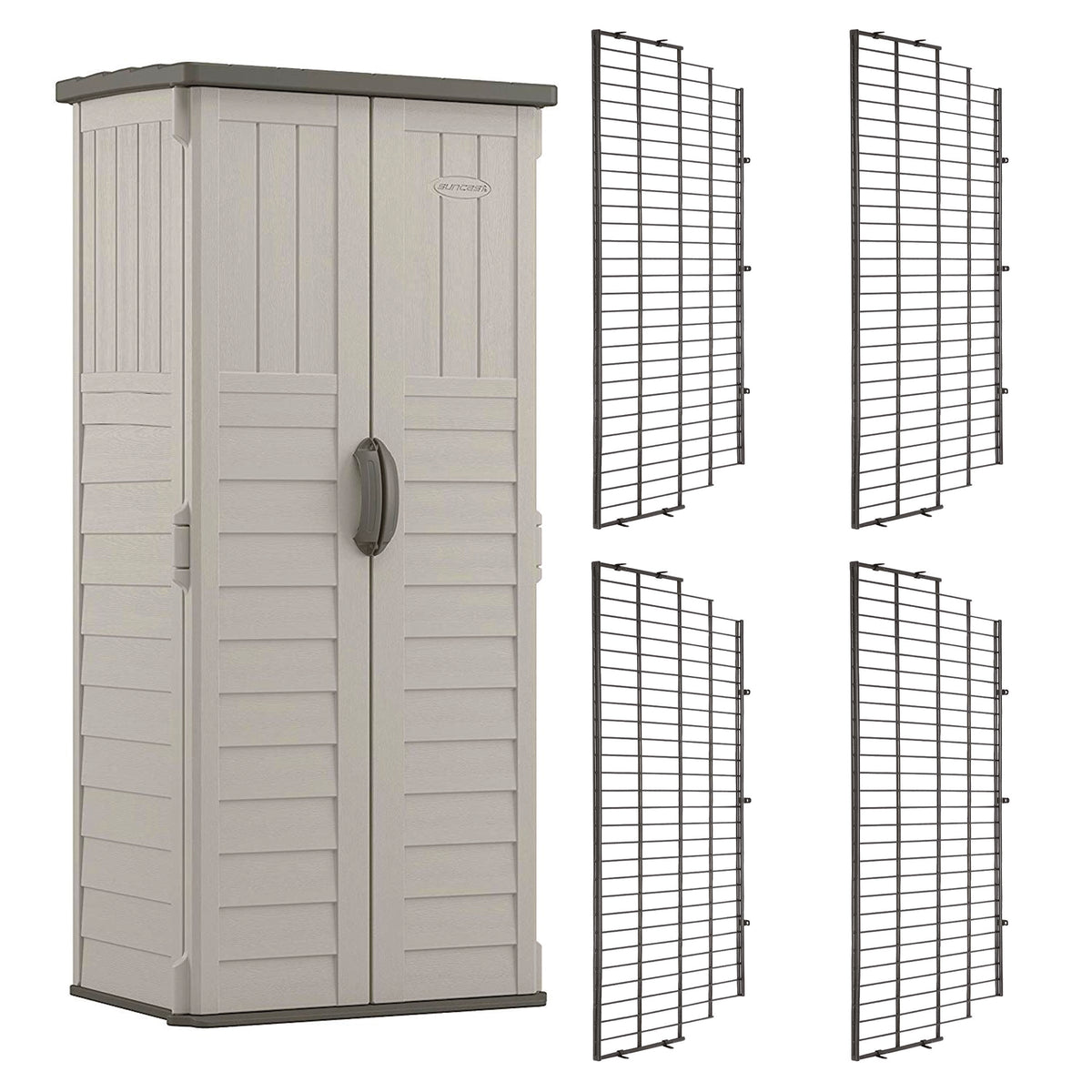 Suncast Vertical Storage Shed Bundled w/ Metal Wire Shelf Rack Shelving (4 Pack)