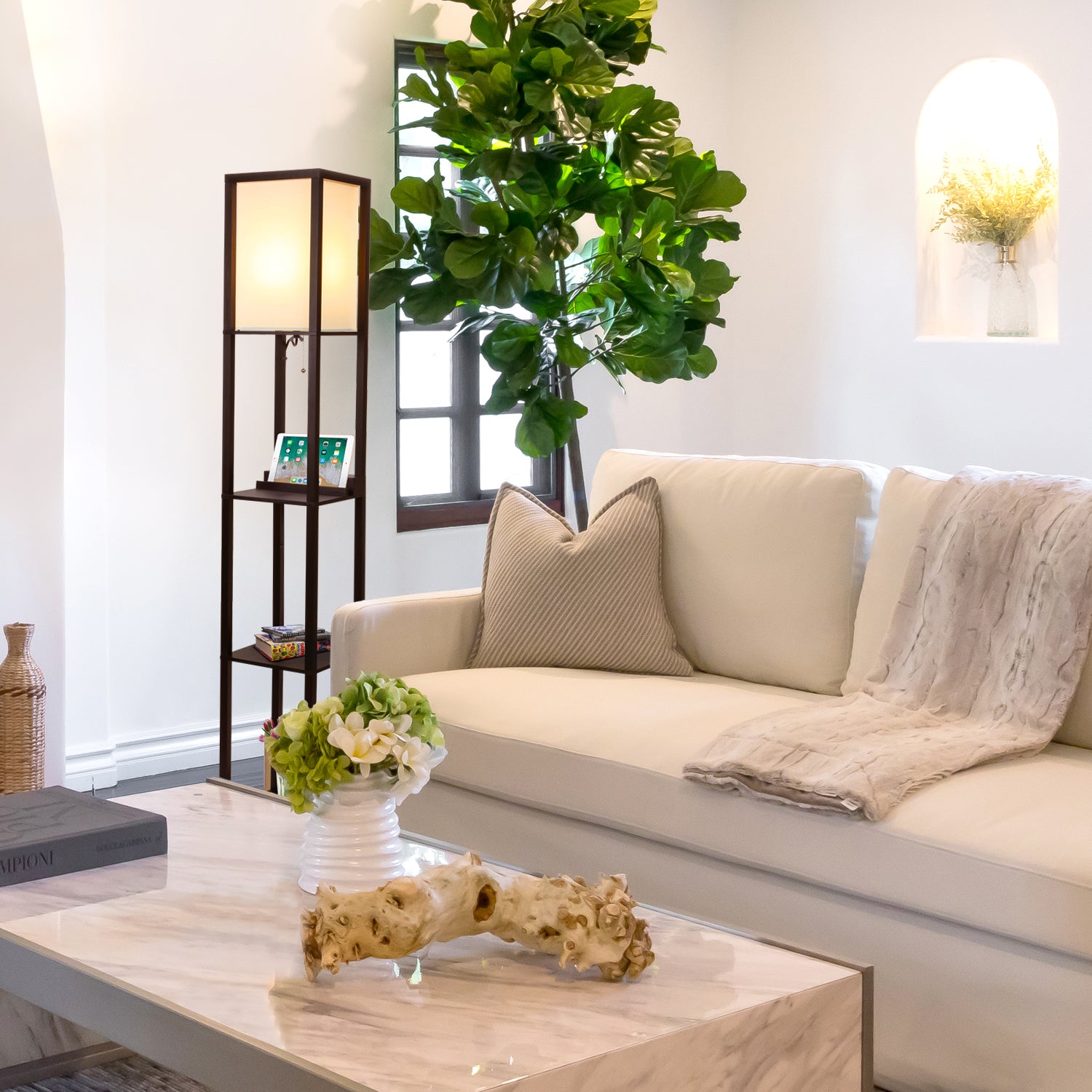 Brightech Maxwell Tower Floor Lamp w/ Shelves & Wireless Charging (For Parts)
