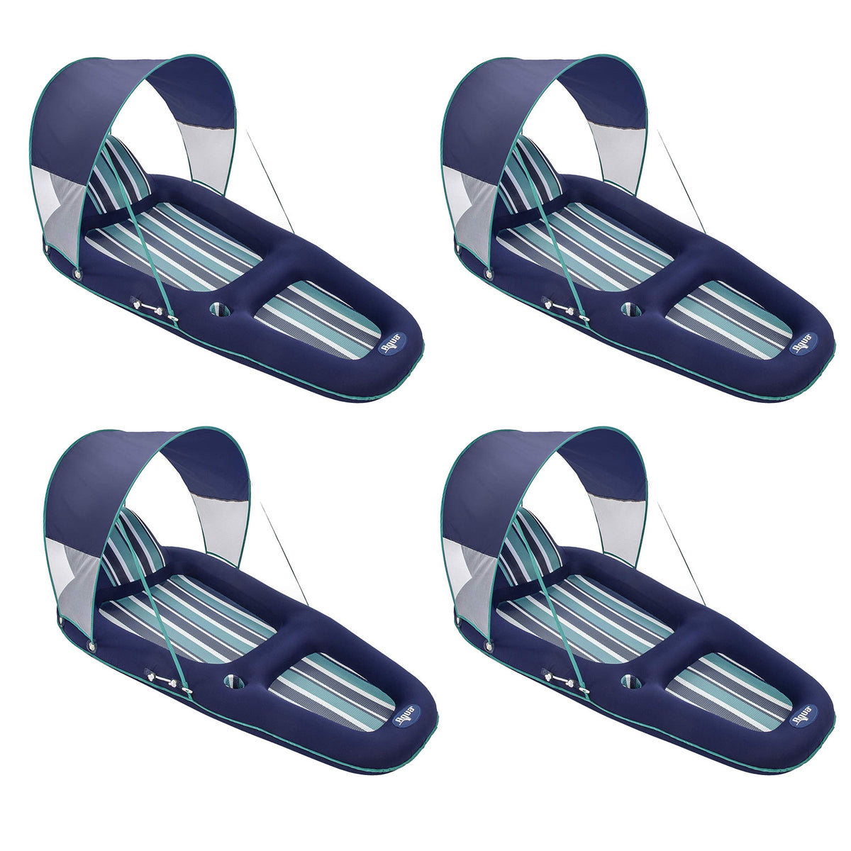 Aqua Leisure Inflatable Pool Lounger Float w Sunshade Canopy, Blue (4 Pack)