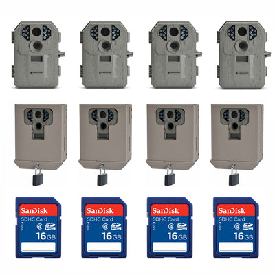 Stealth Cam Game Camera (4 Pack) + Security Box (4 Pack) + Memory Card (4 Pack)