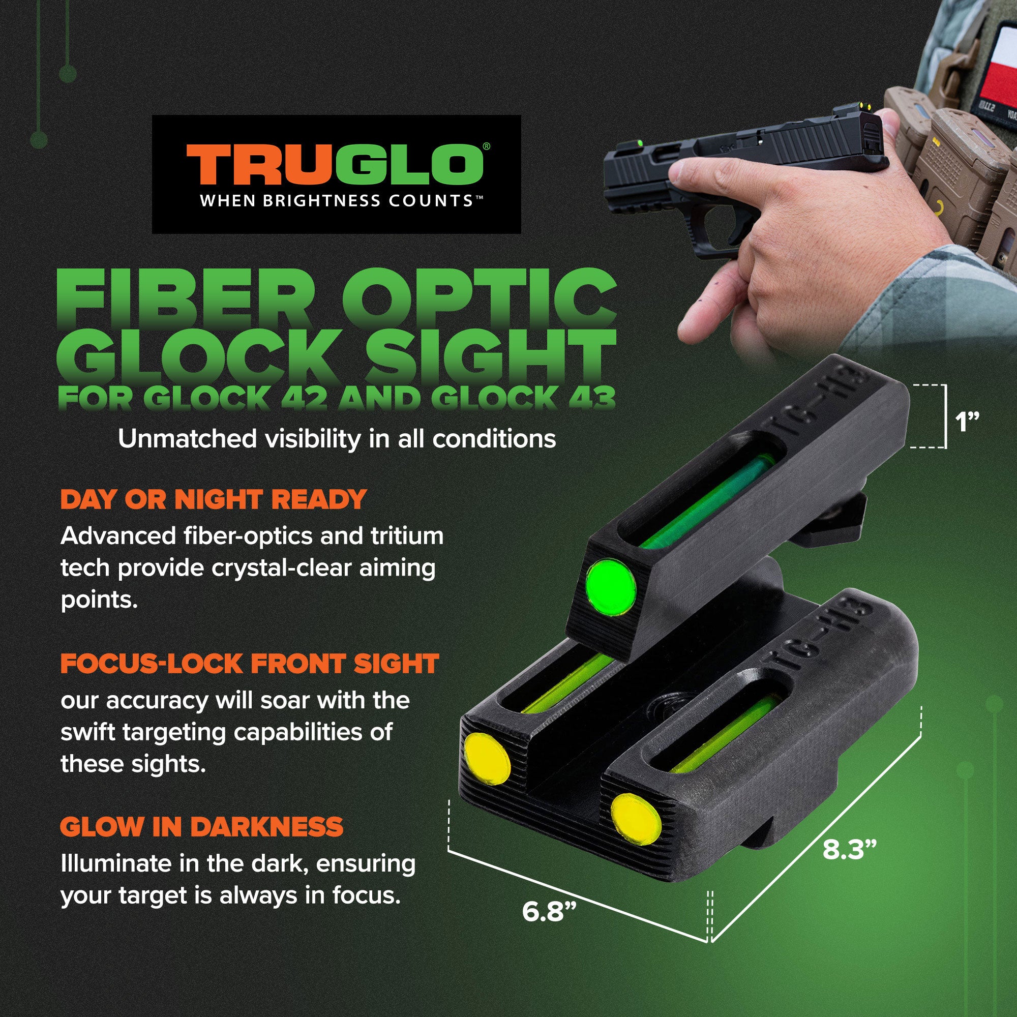 TruGlo Fiber Optic Handgun Glock Pistol Sight Accessories for Glock 42 (2 Pack)
