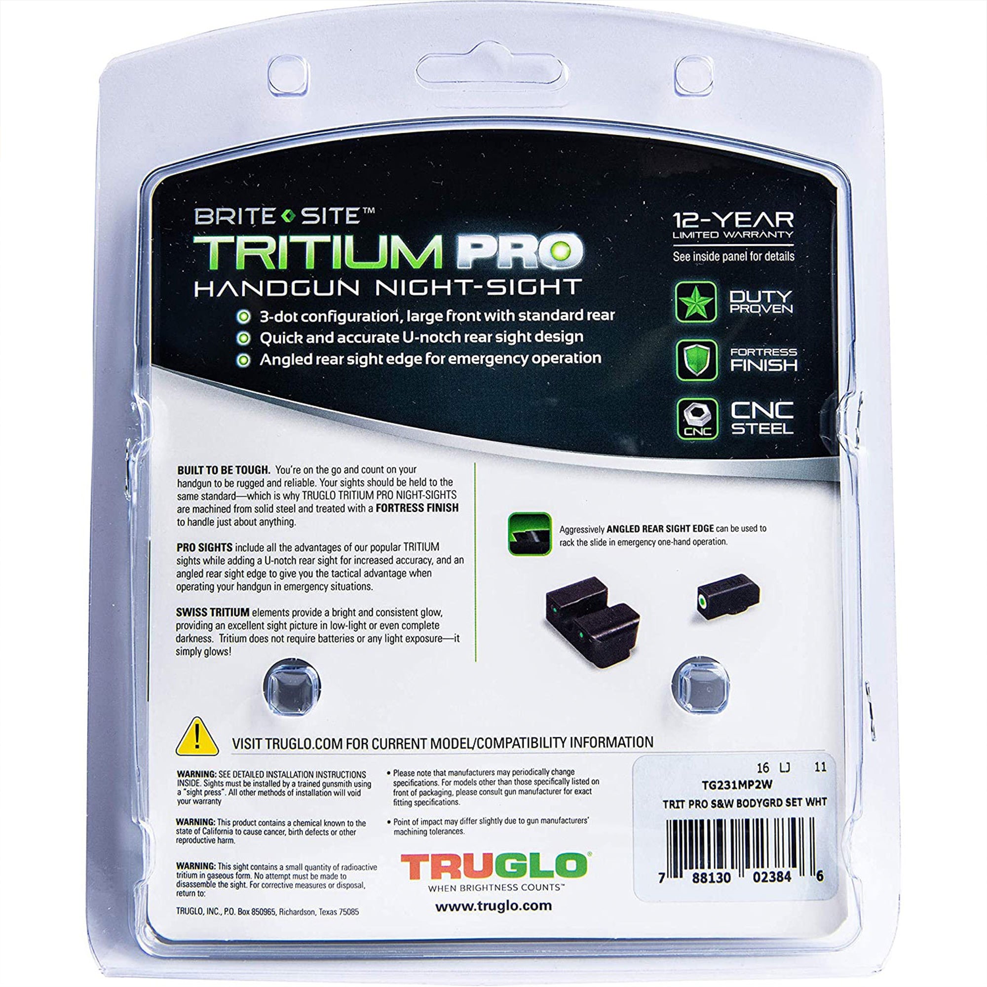 TruGlo Pro Glow in the Dark Gun Sight for S&W BODYGUARD 0.380 Pistols (2 Pack)