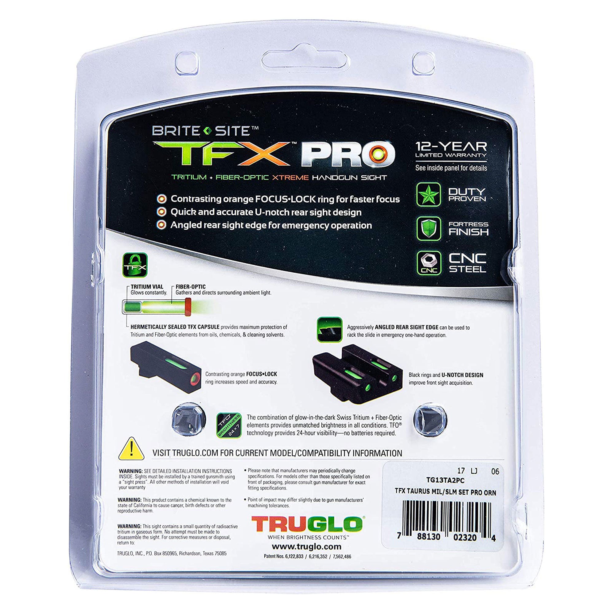 TruGlo Pro TFK Fiber Optic Tritium Glock Pistol Sight Accessory, Taurus (2 Pack)