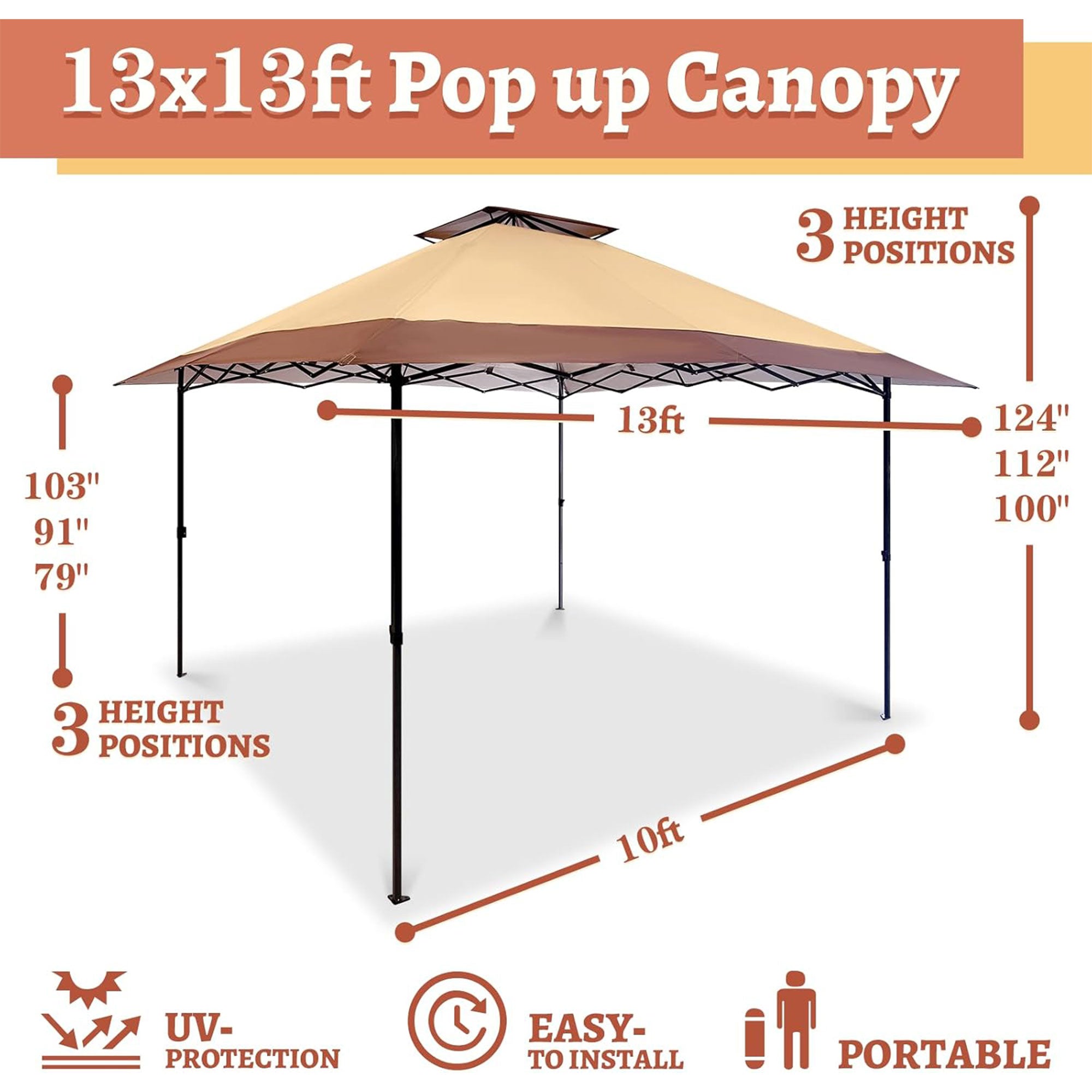 Suntime 13 x 13 Ft Instant Pop Up Canopy Portable Commercial Gazebo Tent, Khaki - VMInnovations