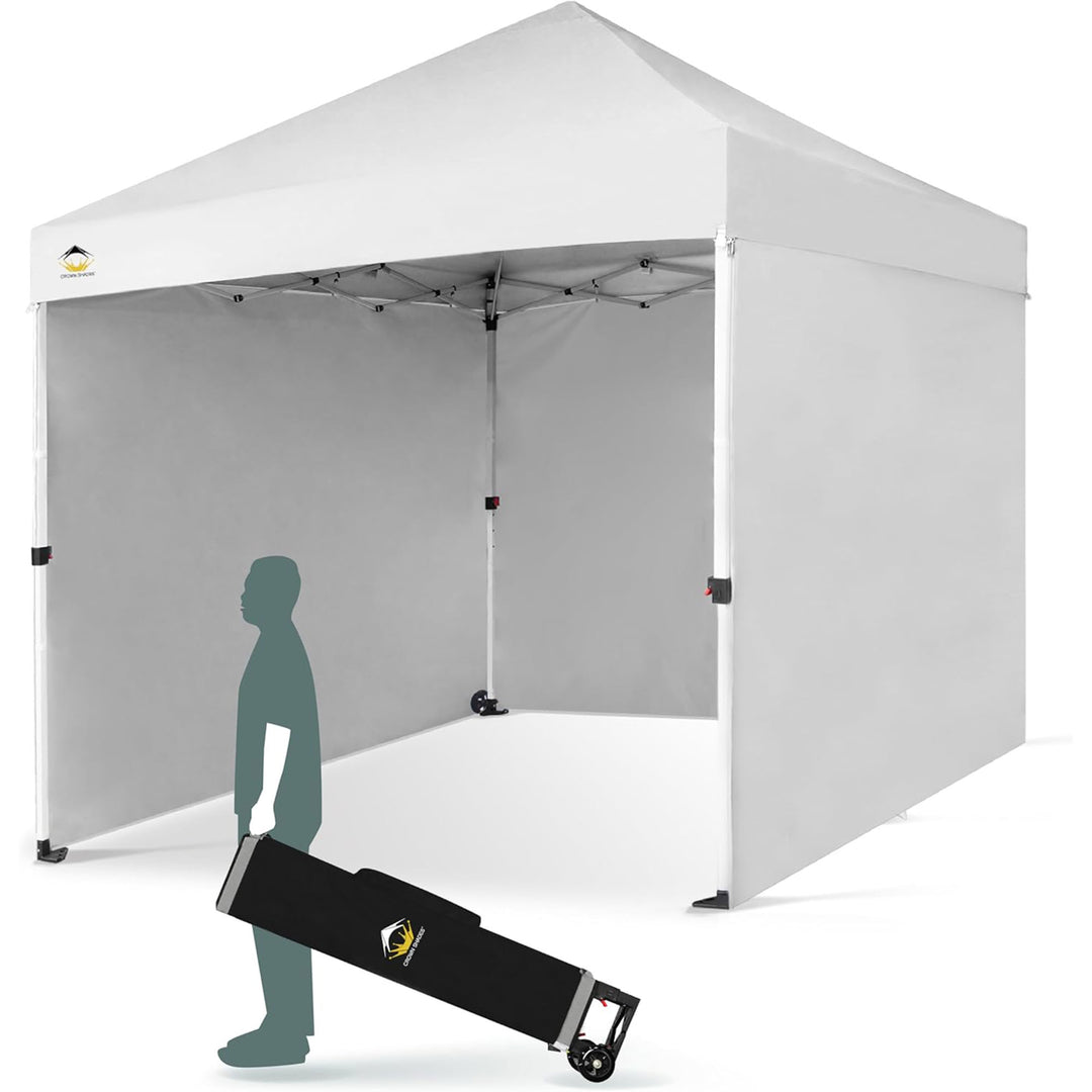 CROWN SHADES 8x8 Ft Pop Up Canopy Tent w/ Wheels & Sidewalls, White (Used)