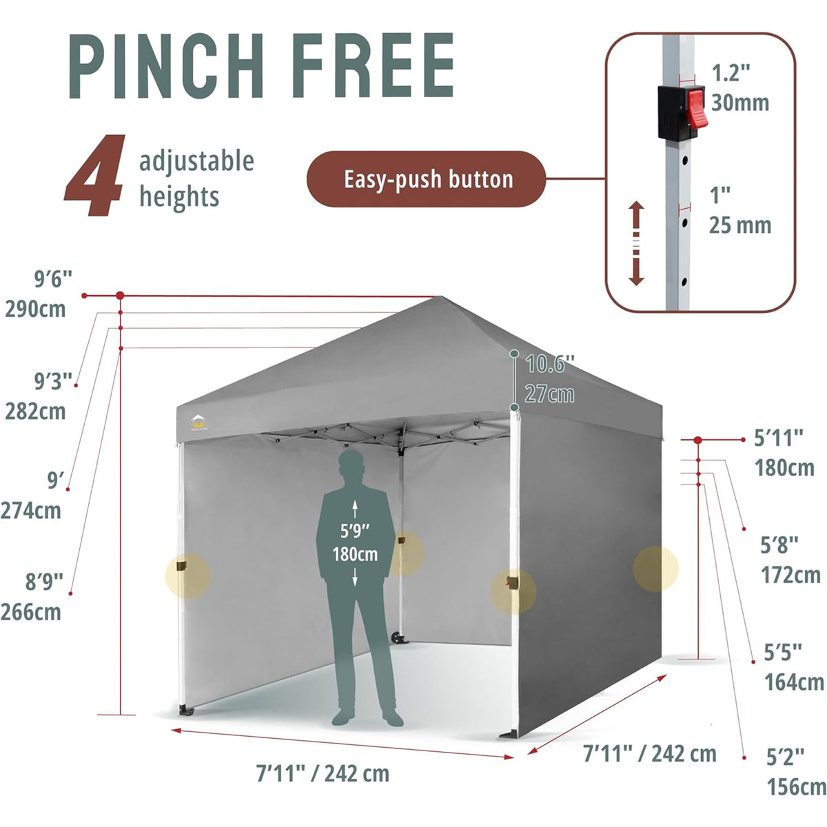 CROWN SHADES 8x8 Ft Pop Up Canopy Tent w/Wheels & Sidewalls, Gray (Open Box)