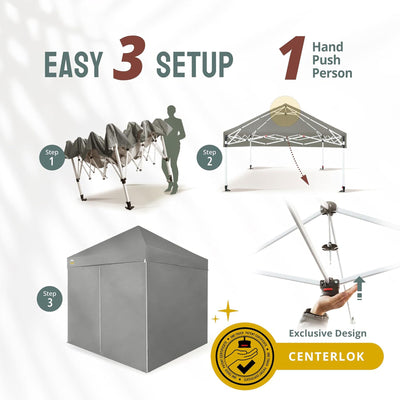 CROWN SHADES 8x8 Ft Commercial Pop Up Canopy Tent w/ Wheels & Sidewalls, Gray