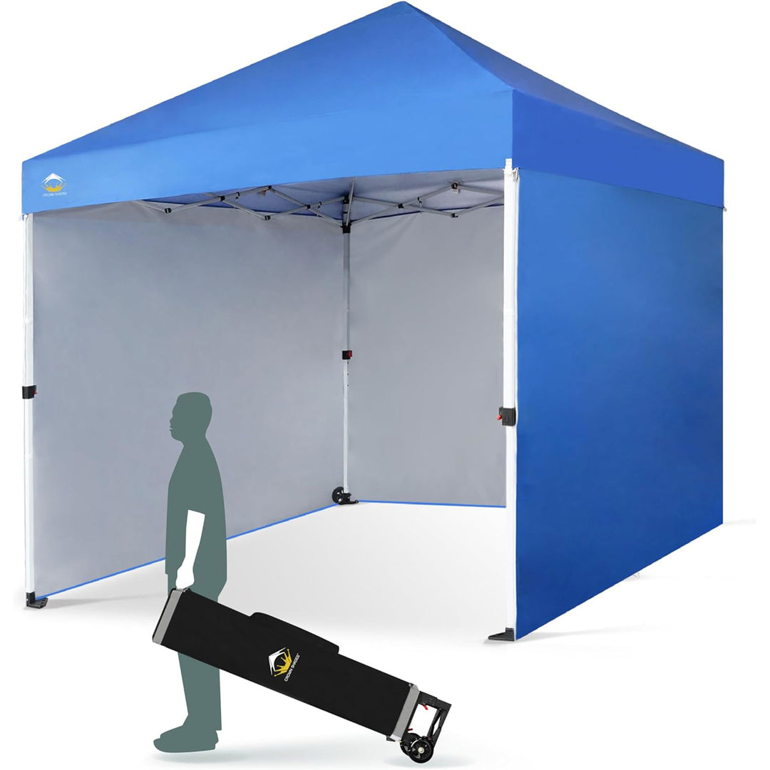 CROWN SHADES 8x8 Ft Commercial Pop Up Canopy w/Wheels & Sidewalls, Blue (Used)