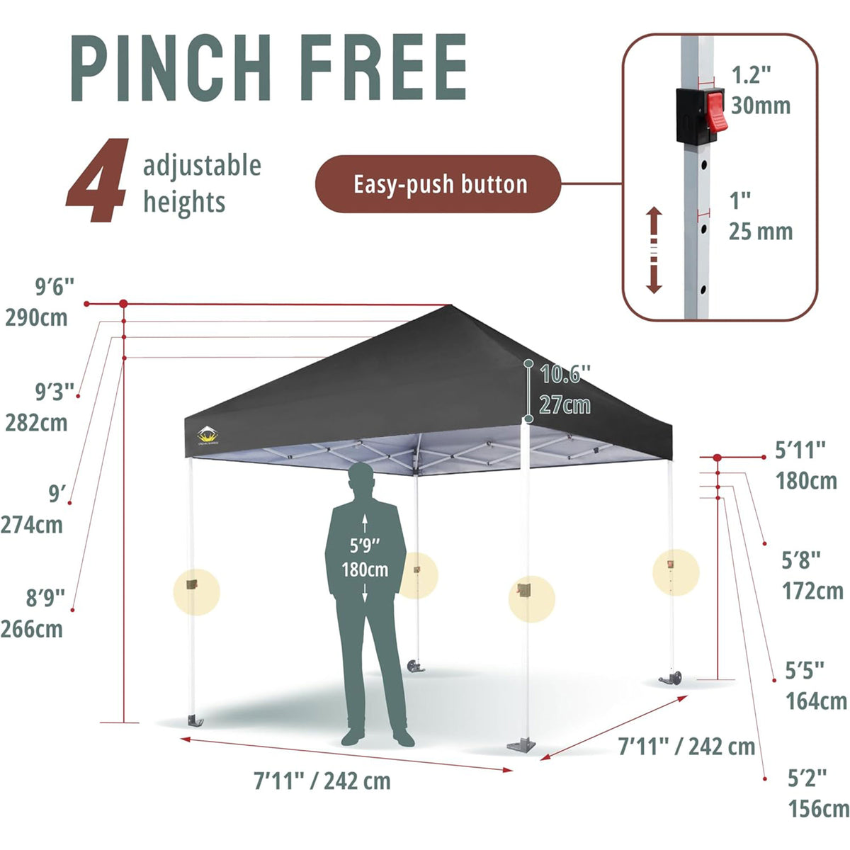CROWN SHADES 8x8 Ft Commercial Pop Up Canopy Tent w/2 Wheels & Push Lock, Gray