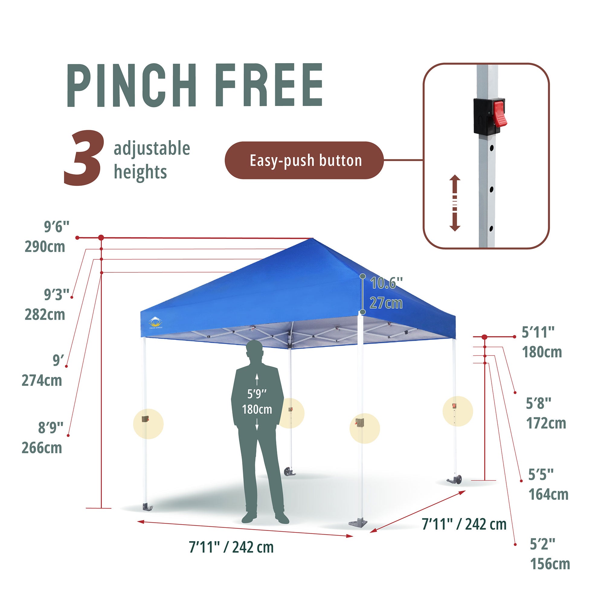 CROWN SHADES 8x8 Ft Commercial Pop Up Canopy Tent w/2 Wheels & Push Lock, Blue