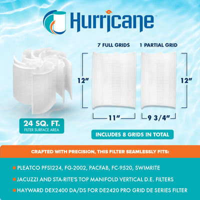 Hurricane 3 Pack HF-DE24-SET 24 sq ft DE Grid Filter Replacement w/ 7 Full Grids