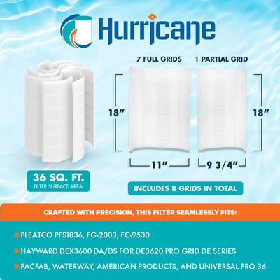 Hurricane 36 Sq Ft DE Grid Filter with 7 Full Grids and 1 Partial Grid, 2 Pack