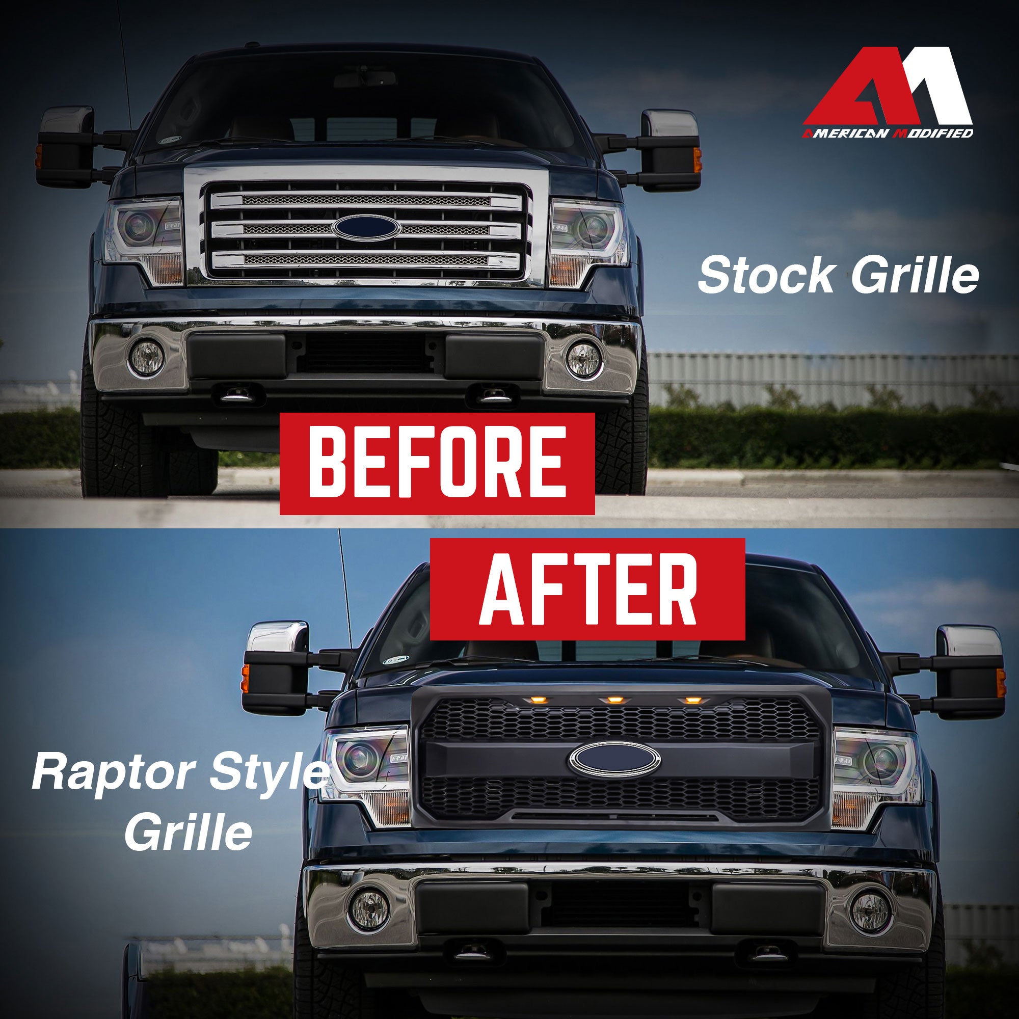 AMERICAN MODIFIED Raptor Style Mesh Grille – 2009-2014 Ford F150, Black W/ Turn Lights