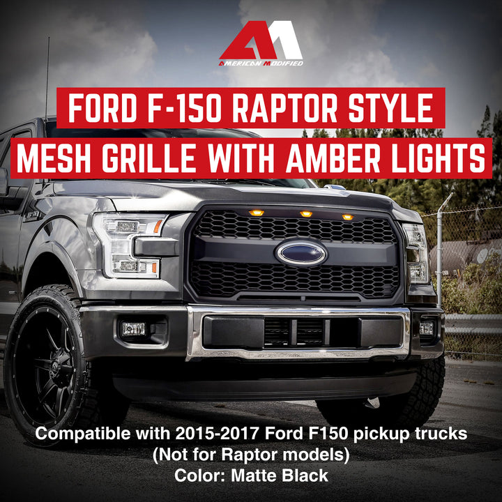 AMERICAN MODIFIED Raptor Style Mesh Grille for 2015-2017 Ford F150, Matte Black