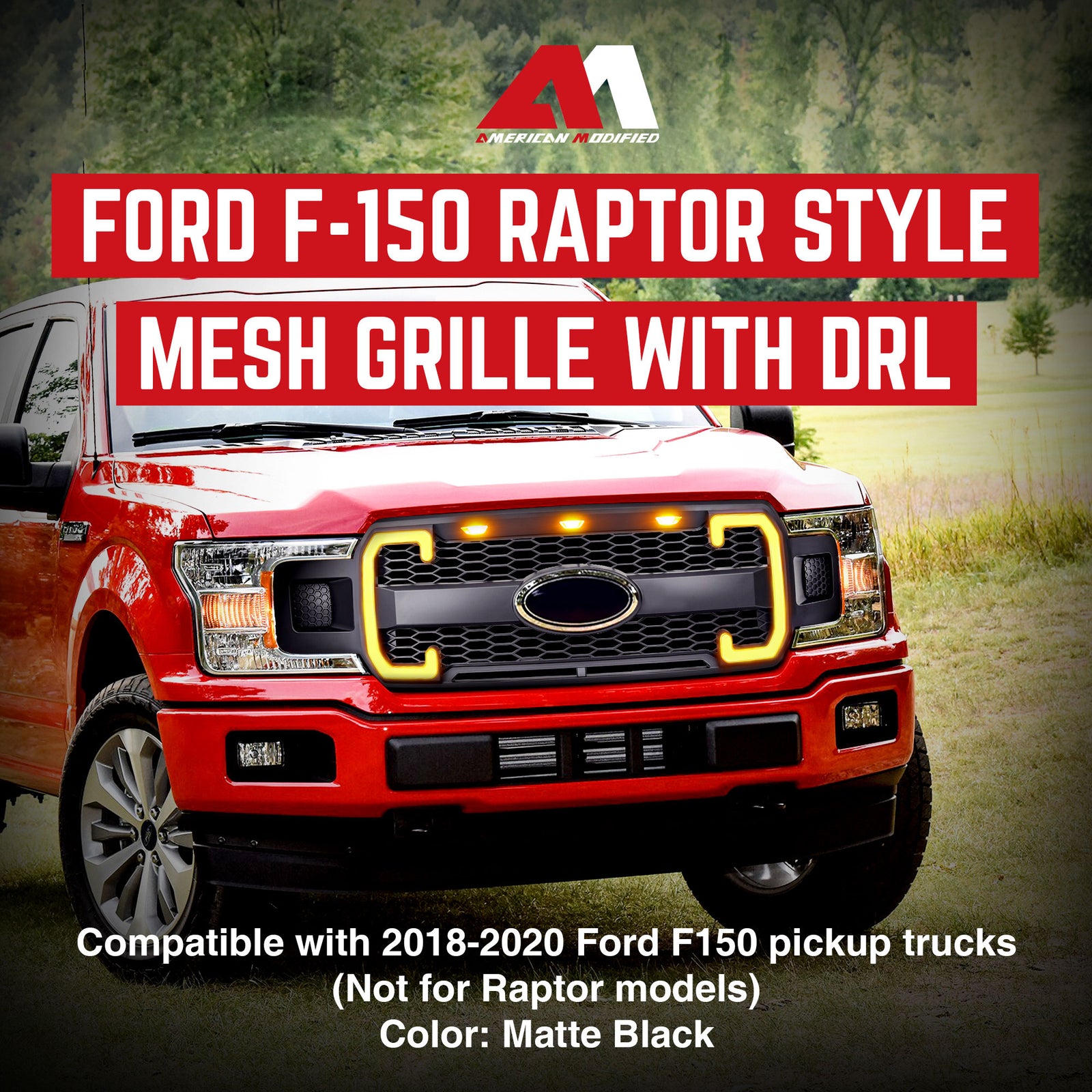 AMERICAN MODIFIED Raptor Style Mesh Grille for 2018-2020 Ford F150, Matte Black - VMInnovations