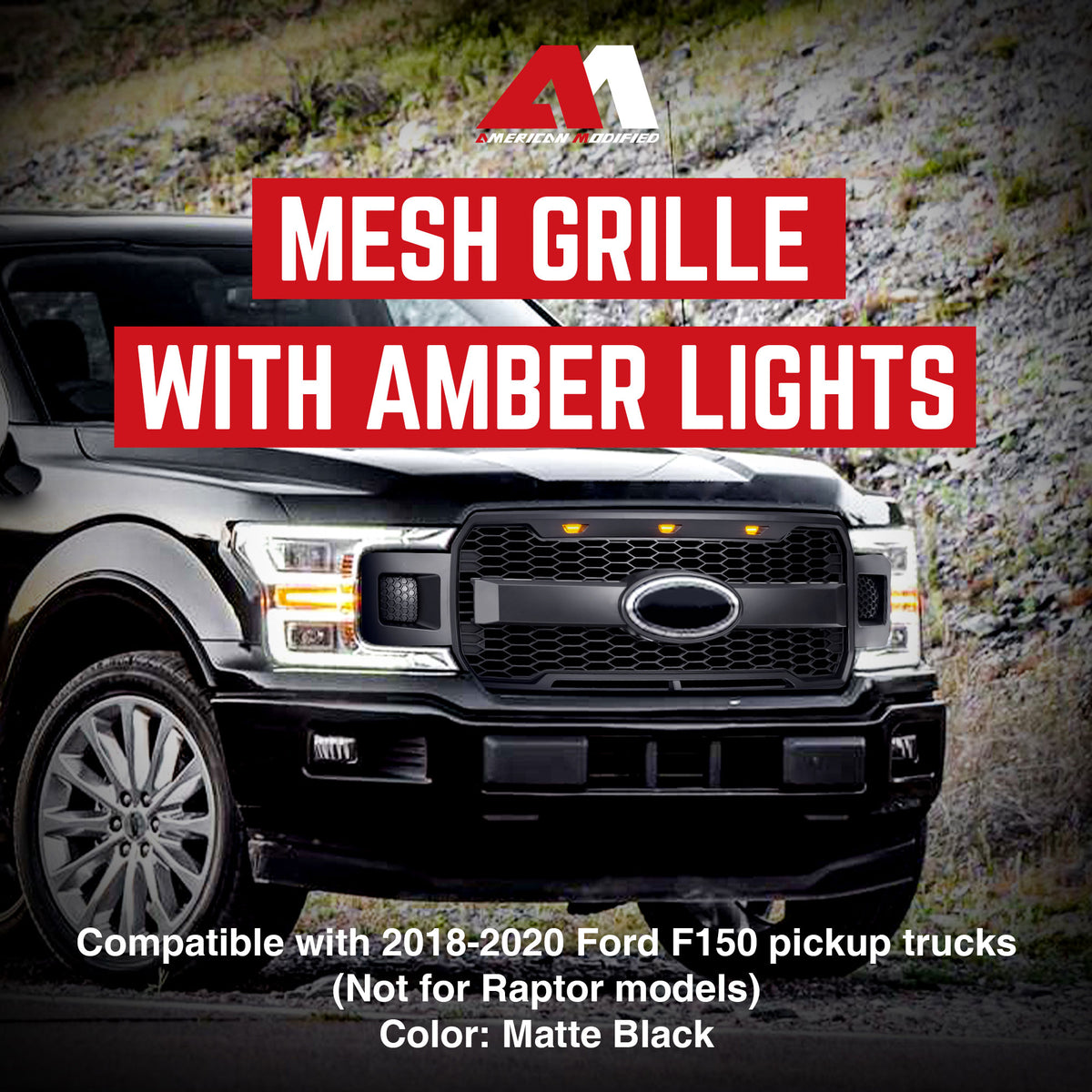 AMERICAN MODIFIED Raptor Style Mesh Grille for Ford F150, Matte Black (Open Box)