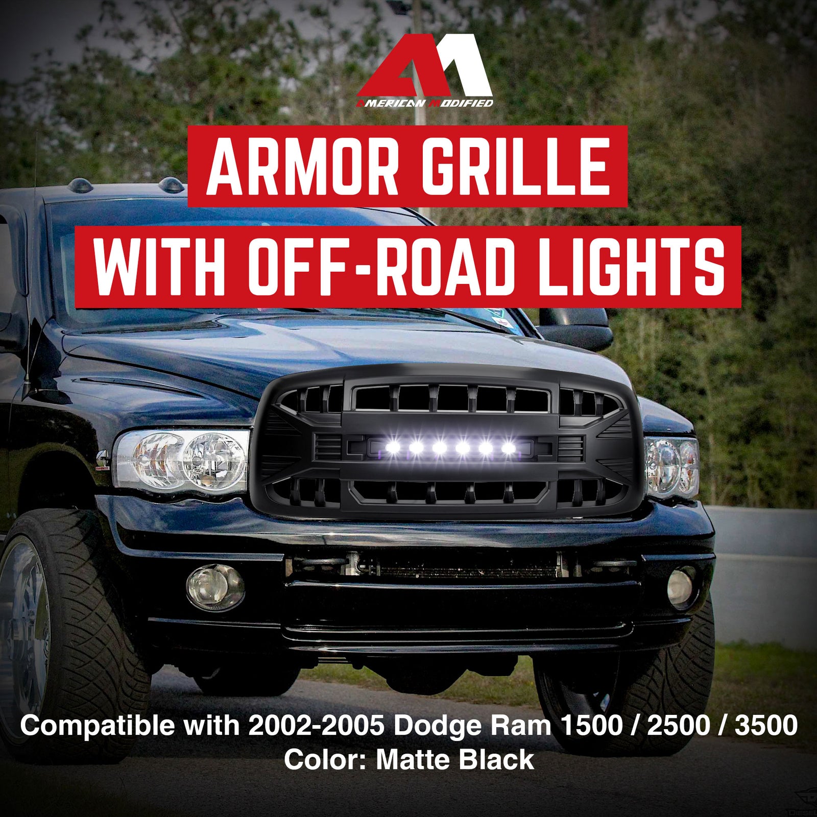 AMERICAN MODIFIED Armor Grille for 02-05 Dodge Ram 1500/2500/3500, Matte Black - VMInnovations