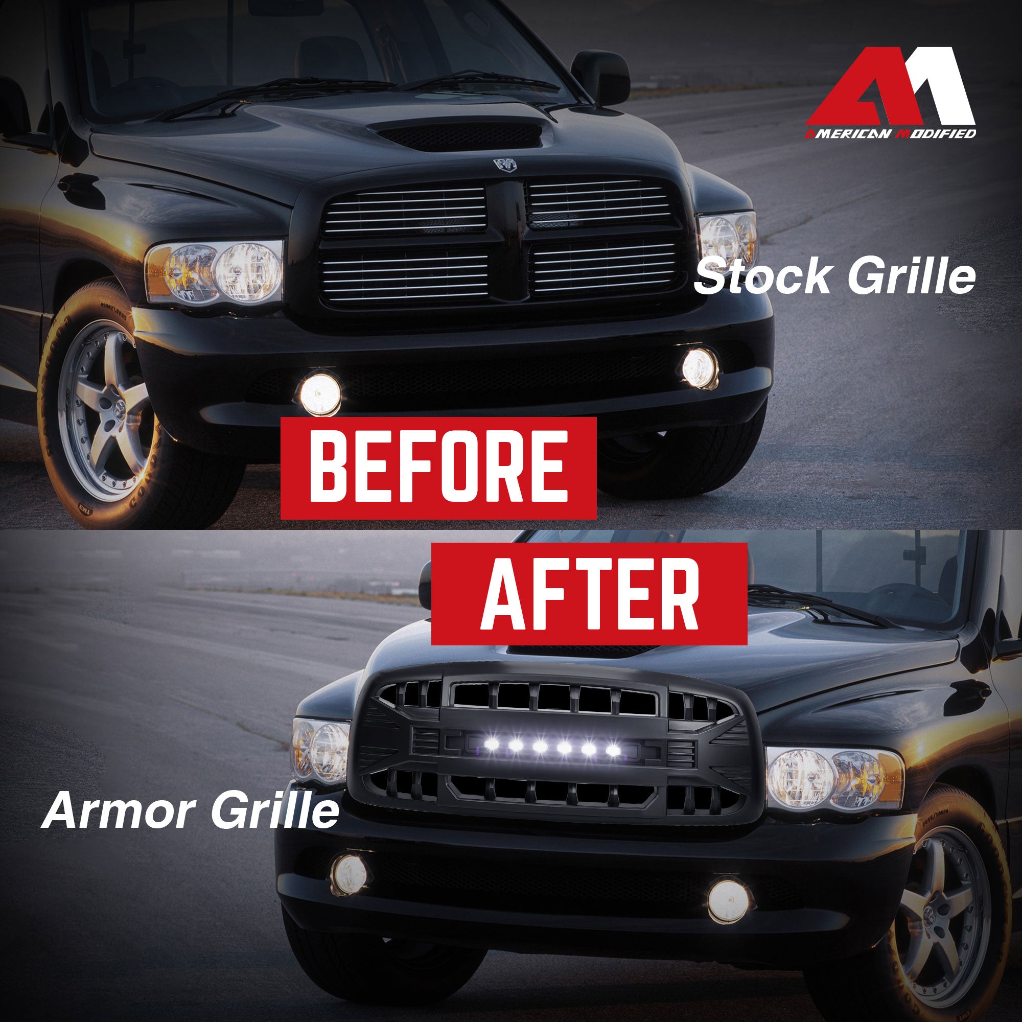 AMERICAN MODIFIED Armor Grille for 02-05 Dodge Ram 1500/2500/3500, Matte Black - VMInnovations