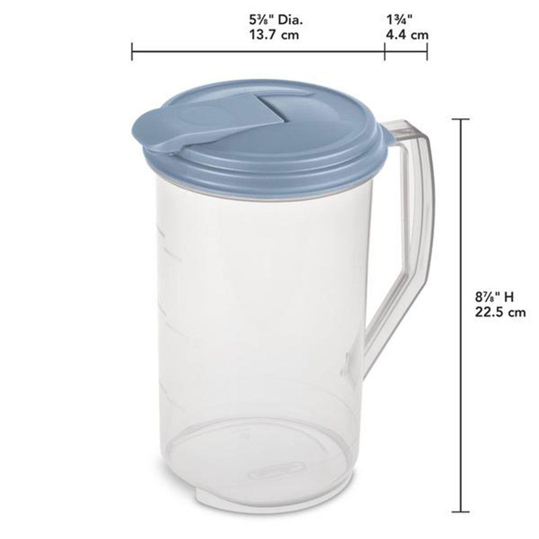Sterilite 2 Quart Plastic Hinged Pitcher with Comfort Grip Handle, Blue, 6-Pack