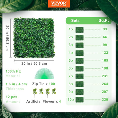 VEVOR 12 Piece 20"x20" Artificial Boxwood Panels for Indoor & Outdoor Use, Green - VMInnovations