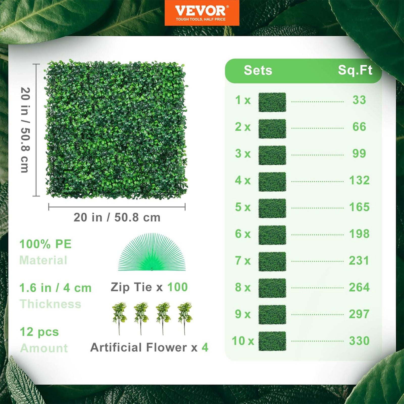 VEVOR 12pc 20"x20" Artificial Panels Indoor & Outdoor Use, Green (Open Box) - VMInnovations