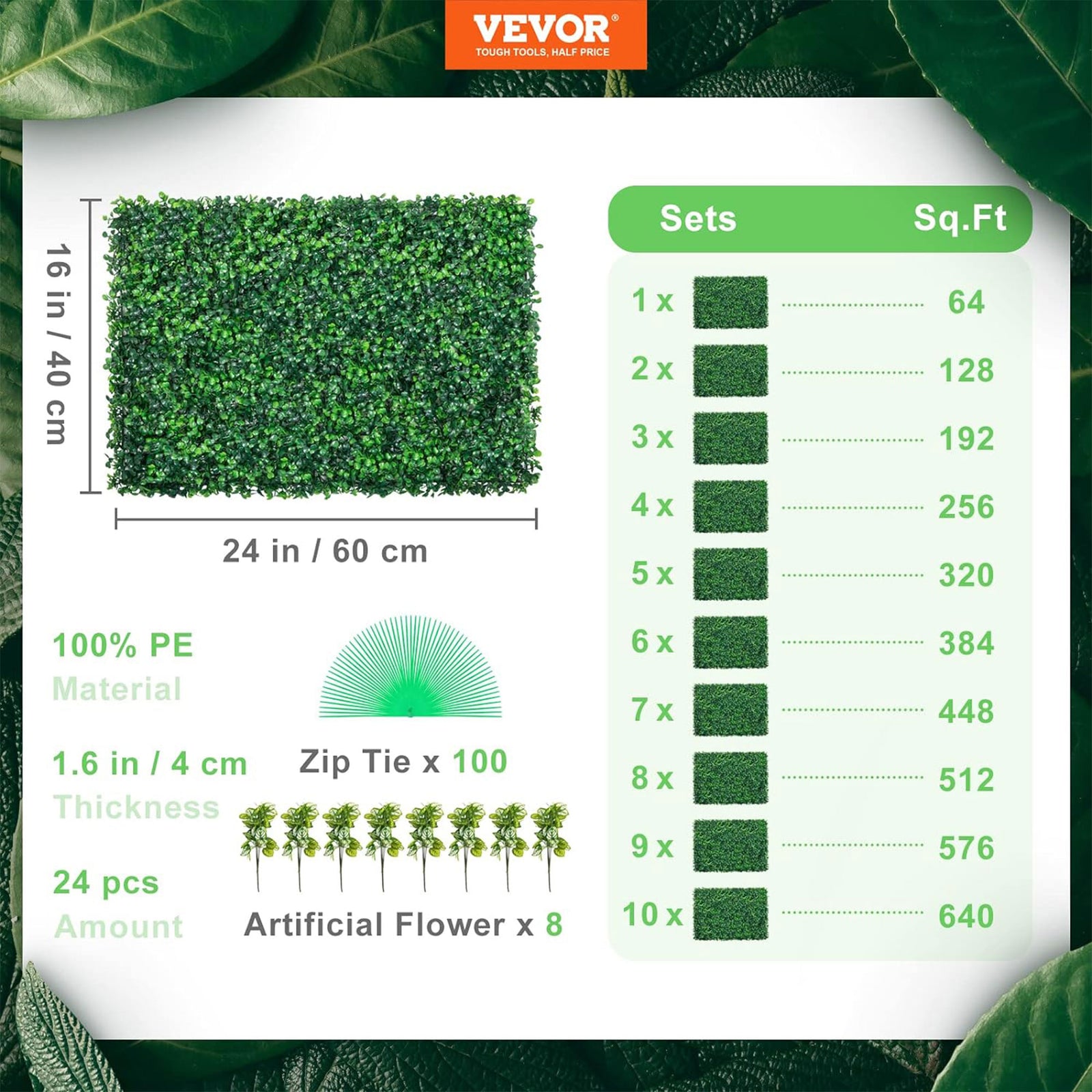 VEVOR 24 Piece 24"x16" Artificial Boxwood Panels for Indoor & Outdoor Use, Green - VMInnovations