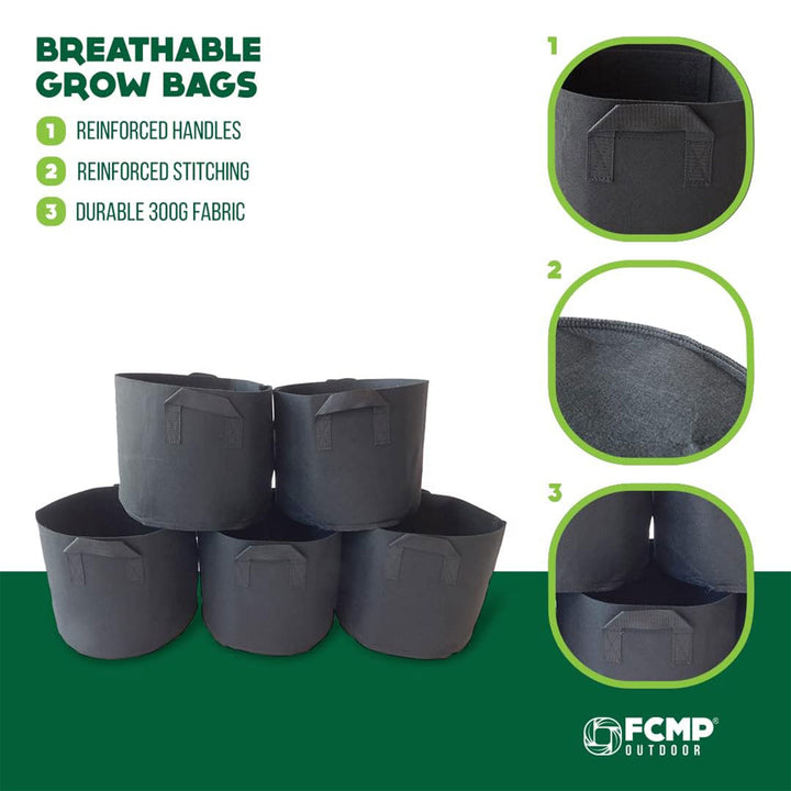 FCMP Outdoor 5 Gallon Modern Non Woven Breathable Grow Bags, Black (5 Pack)