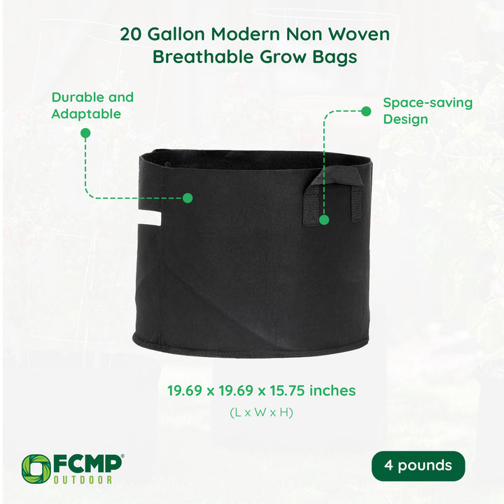 FCMP Outdoor 20 Gallon Modern Non Woven Breathable Grow Bags, Black (5 Pack)