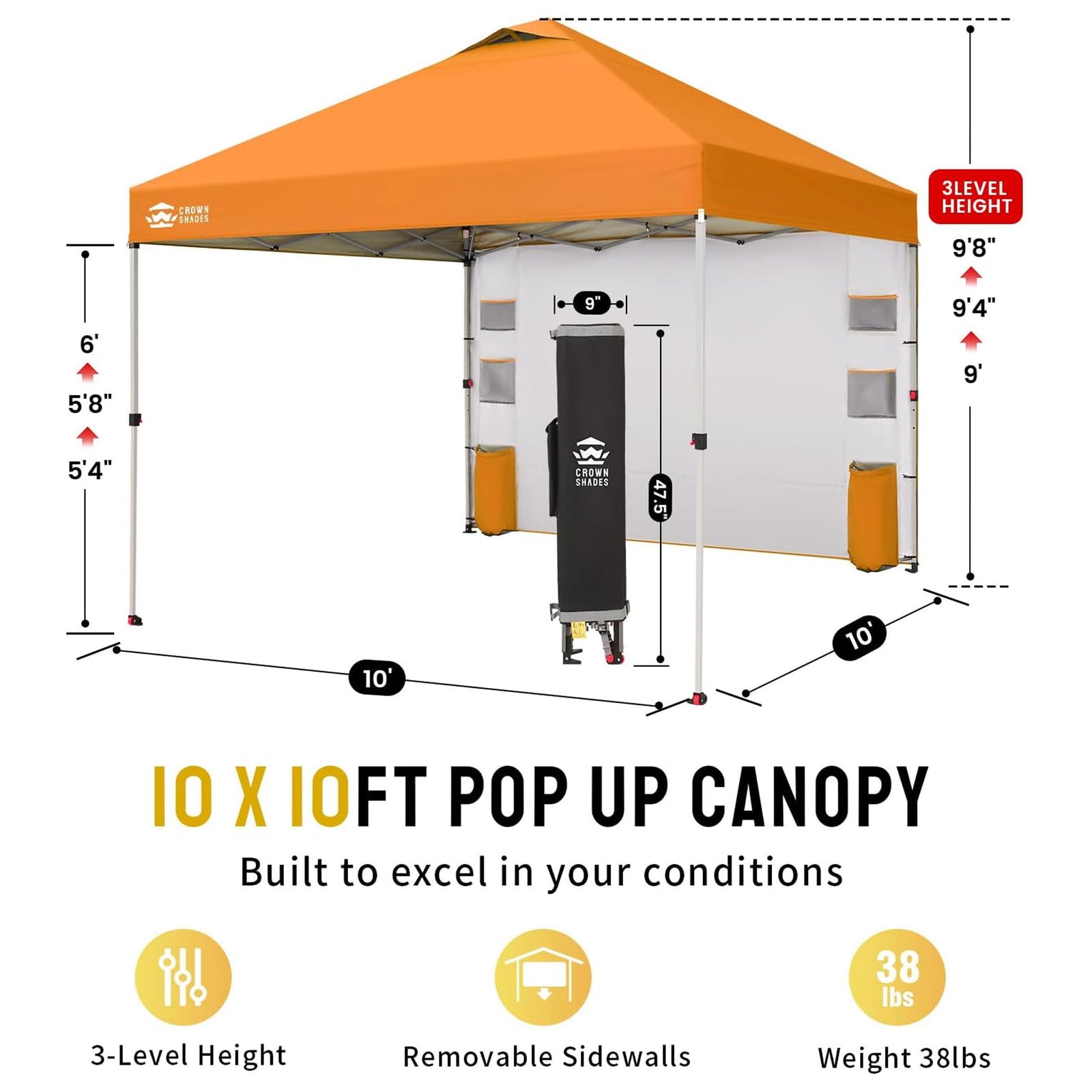 Crown Shades Canopy, 10'x10' Portable Pop Up Shelter w/Carry Bag, Orange (Used) - VMInnovations