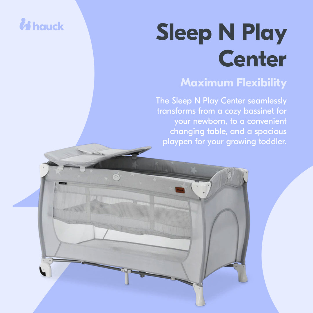 hauck Sleep N Play Center Portable Travel Cot w/Bassinet & Playpen, Stars Grey