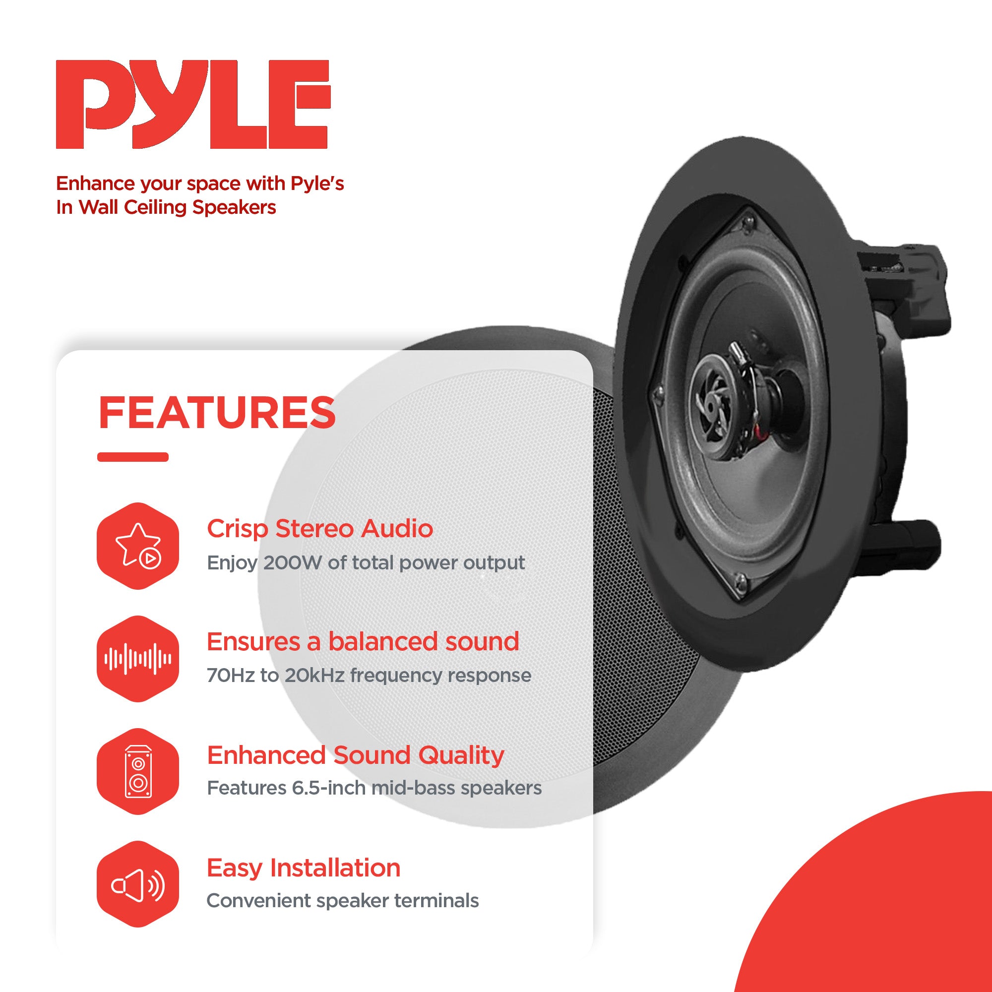 Pyle In Wall and In Ceiling Dual 6.5" Speaker System with Flush Mount, 3 Pack