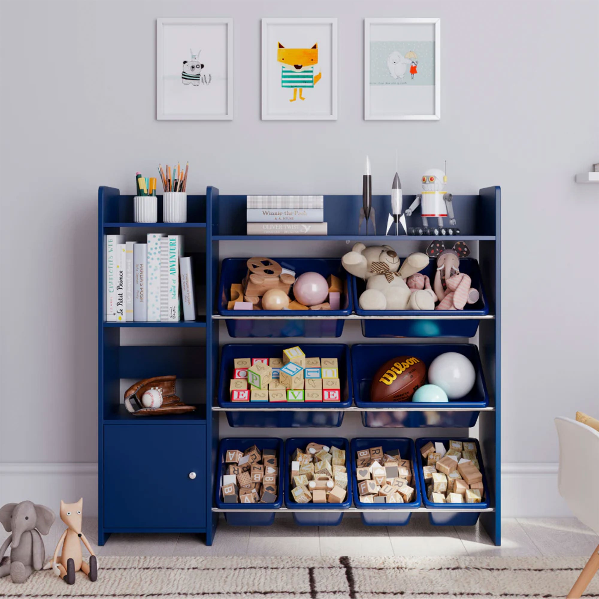Sturdis Kids Toy Organizer with Bookshelf and 8 Toy Bins, Dark Blue (Open Box) - VMInnovations