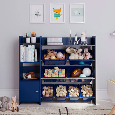 Sturdis Kids Toy Organizer with Bookshelf and 8 Toy Bins, Dark Blue (Open Box) - VMInnovations