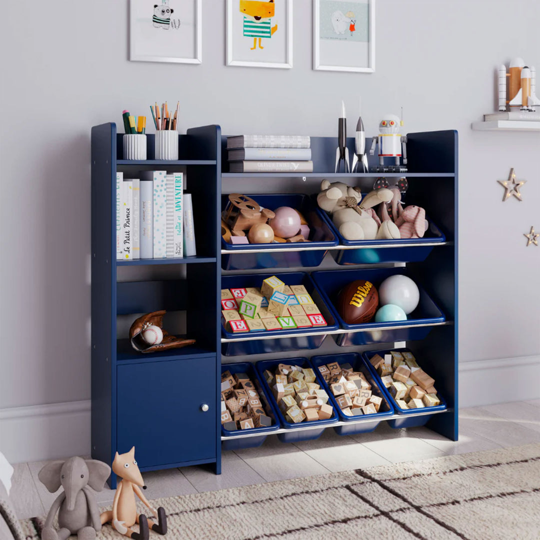 Sturdis Kids Toy Organizer with Bookshelf and 8 Toy Bins, Dark Blue (Open Box) - VMInnovations