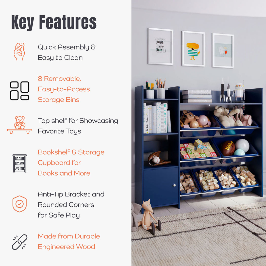 Sturdis Kids Toy Organizer with Bookshelf and 8 Toy Bins, Dark Blue (Open Box) - VMInnovations