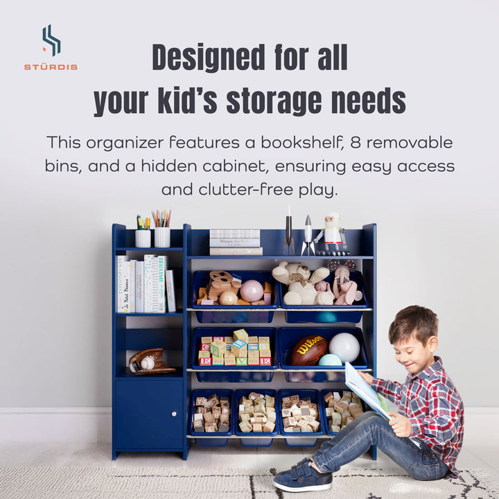 Sturdis Kids Toy Organizer with Bookshelf and 8 Toy Bins, Dark Blue (Open Box)