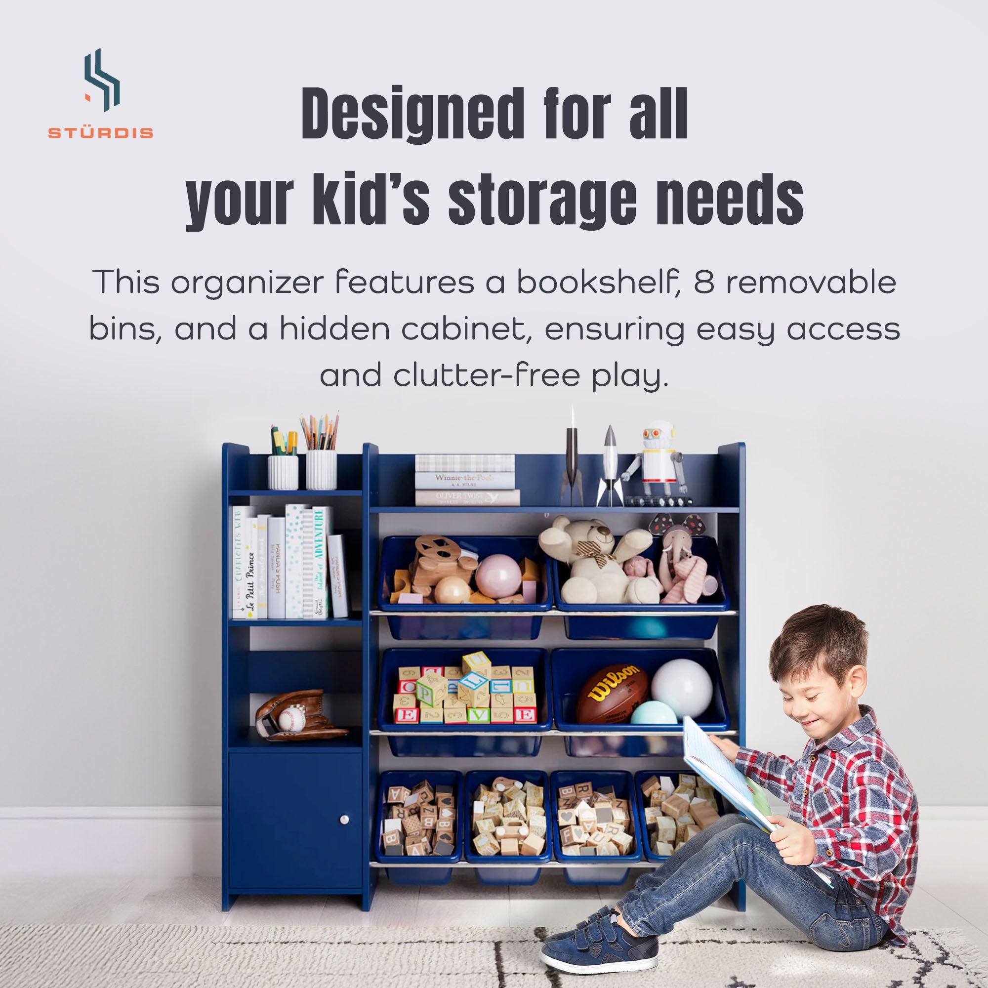 Sturdis Kids Toy Organizer with Bookshelf and 8 Toy Bins, Dark Blue (Open Box) - VMInnovations