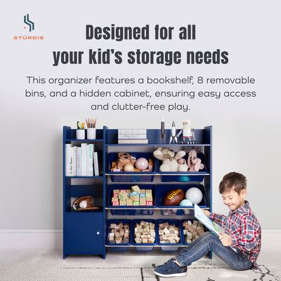 Sturdis Kids Toy Organizer with Bookshelf and 8 Toy Bins, Dark Blue (Open Box) - VMInnovations