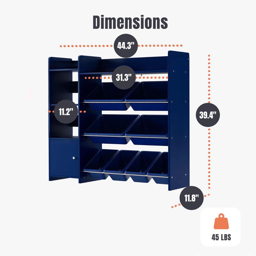 Sturdis Kids Toy Organizer with Bookshelf and 8 Toy Bins, Dark Blue (Open Box)