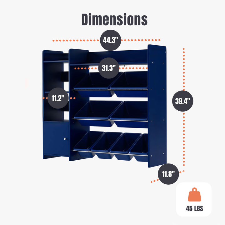 Sturdis Kids Toy Organizer with Bookshelf and 8 Toy Bins, Dark Blue (Open Box) - VMInnovations