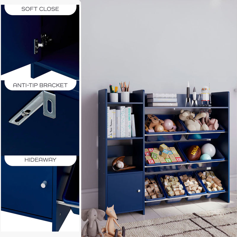 Sturdis Kids Toy Organizer with Bookshelf and 8 Toy Bins, Dark Blue (Open Box)