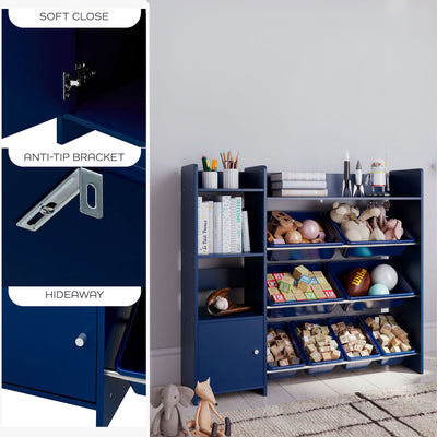 Sturdis Kids Toy Storage Organizer with Bookshelf and 8 Toy Bins, Dark Blue